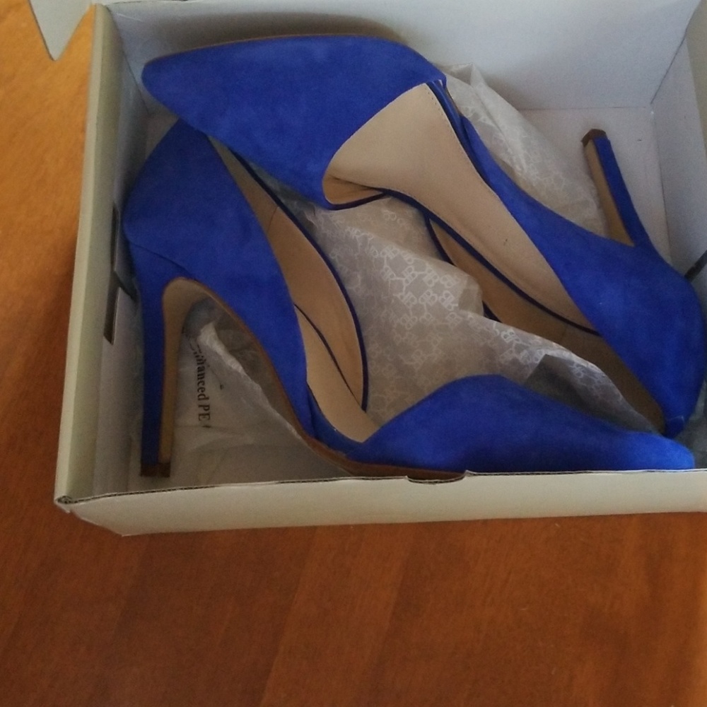 Blue suede d'orsey heels